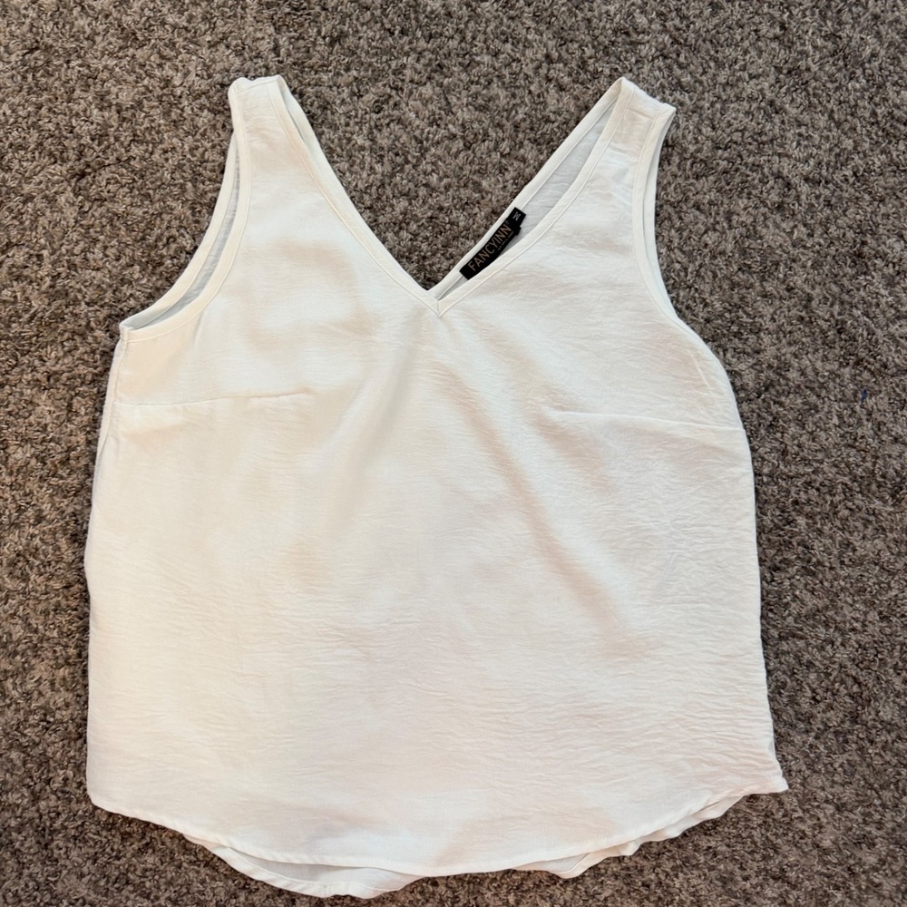 Fancyinn Womens White V Neck Tank Top Sleeveless Blouse Textured Size M
